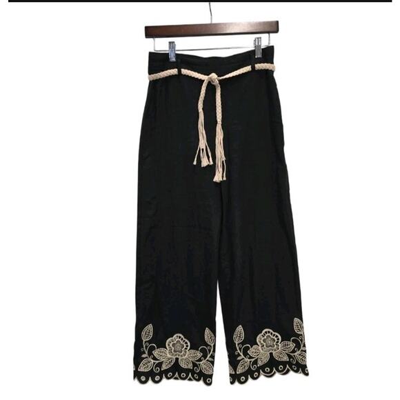 Rachel Zoe Womens Embroidered Linen Blend Pants Black XS Drawcord Belt Scallops - Picture 1 of 7